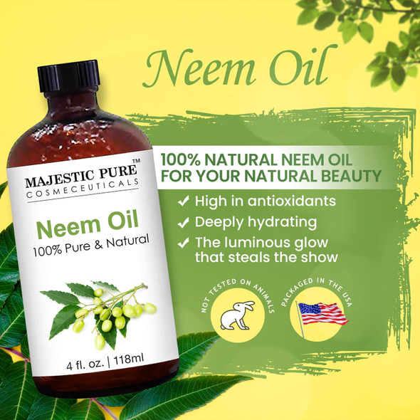 MAJESTIC PURE Neem Oil - 100% Pure Cold Pressed - Great for Skin Care, Hair Care, Massage Oil, Nails, Acne, & Moisturizer for Dry Skin - Neem Oil for Plants Spray, and Essential Oils Mixing - 4 Fl Oz