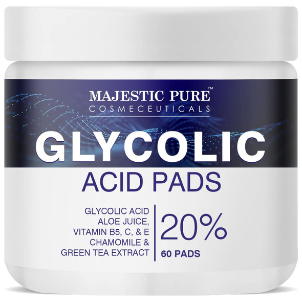 MAJESTIC PURE Glycolic Acid Pads for Face & Body - 20% Resurfacing Exfoliating Pads with Vitamin C,E,B5,AloeJuice, GreenTea & Rosemary Oil - For Skin Tone, Acne, Fine Lines & Dark Spots - Peel Pads 60