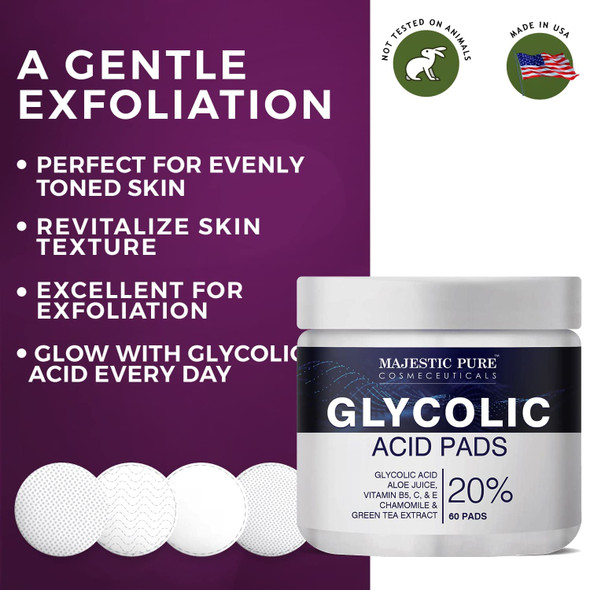 MAJESTIC PURE Glycolic Acid Pads for Face & Body - 20% Resurfacing Exfoliating Pads with Vitamin C,E,B5,AloeJuice, GreenTea & Rosemary Oil - For Skin Tone, Acne, Fine Lines & Dark Spots - Peel Pads 60