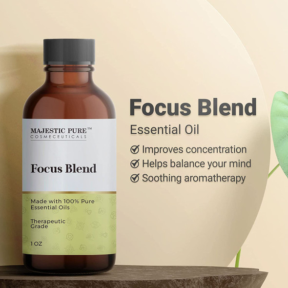 Majestic Pure Focus Essential Oil Blend | 100% Pure & Natural Therapeutic Grade Blend to Centre Mind, Balance Mind, Improve Focus | 1 Oz | Lemon, Lavender, Lemongrass, Pine Needle