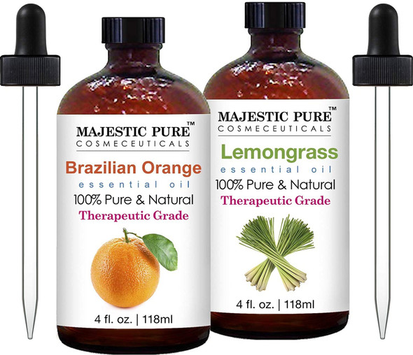Majestic Pure Brazilian Orange Essential Oil and Lemongrass Essential Oil Bundle - 100% Pure and Natural, Therapeutic Grade Oils  4 fl oz Each