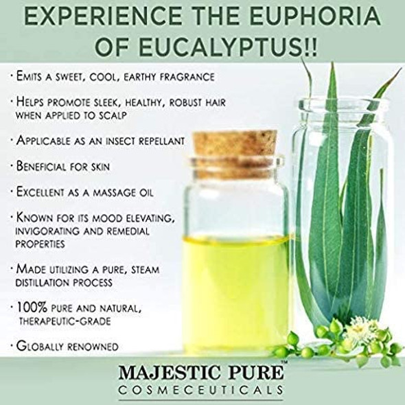 MAJESTIC PURE Eucalyptus Essential Oil, Therapeutic Grade, Pure and Natural, for Aromatherapy, Massage, Topical & Household Uses, 4 fl oz (Pack of 2)