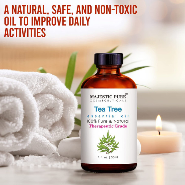 MAJESTIC PURE Tea Tree Essential Oil - Pure, Natural and Therapeutic Grade - Tea Tree Oil for Skin, Face, Hair, Nails, Acne, Scalp, Massage, Aromatherapy, Diffuser, Topical & Household Uses - 1 fl oz