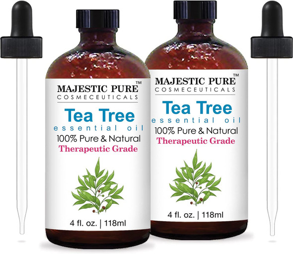 MAJESTIC PURE Tea Tree Essential Oil, Therapeutic Grade, Pure and Natural, for Aromatherapy, Massage, Topical & Household Uses, 4 fl oz (Pack of 2)