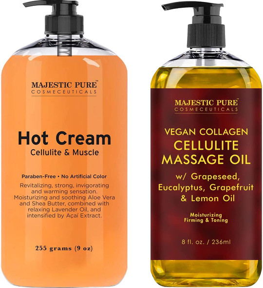 Majestic Pure Cellulite Hot Cream (9 oz) and Cellulite Massage Oil (8 oz) Bundle