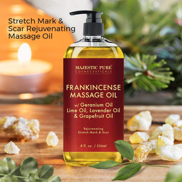 Stretch Mark and Scar Frankincense Massage Oil by Majestic Pure, for Softer & Smoother Skin - Visibly Reduces Appearances of Scars and Stretch Marks - 8 fl oz