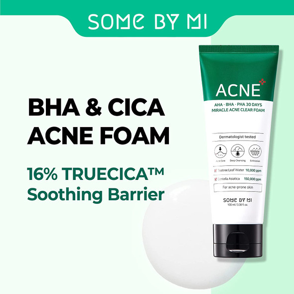 SOME BY MI AHA, BHA, PHA 30 Days Miracle Acne Clear Foam, 3.38 fl oz (100 ml), Sebum Control, Remove Dead Cells, for Acne-Prone Skin, Skin Calming, Pore Cleansing, Naturally-Derived, Oil-Water Balance
