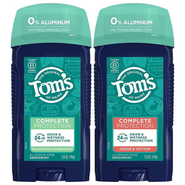 Tom's of Maine Complete Protection Aluminum-Free Natural Deodorant Variety Pack of 2: Eucalyptus & Sandalwood and Cedar & Vetiver, 2.6 oz