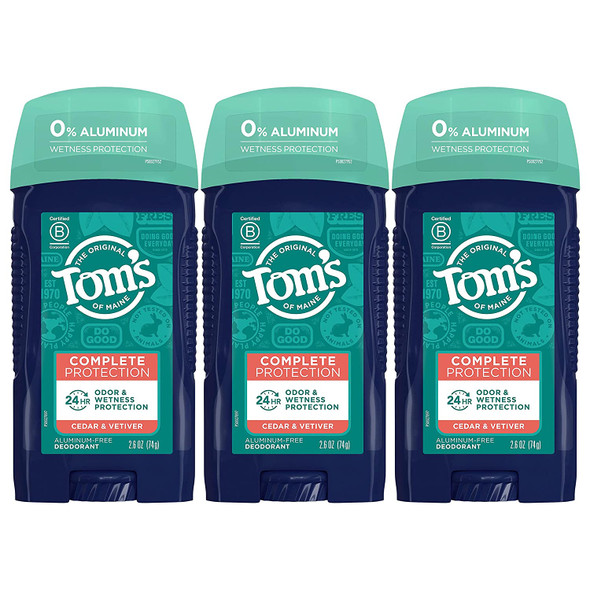 Tom's of Maine Complete Protection Aluminum-Free Natural Deodorant for Men, Cedar & Vetiver, 2.6 OZ, 3-Pack