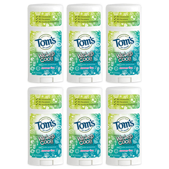 Tom's of Maine Wicked Cool Deodorant, Natural Deodorant, Toms Deodorant, Girls Summer Fun, 2.25 Ounce, 6-Pack