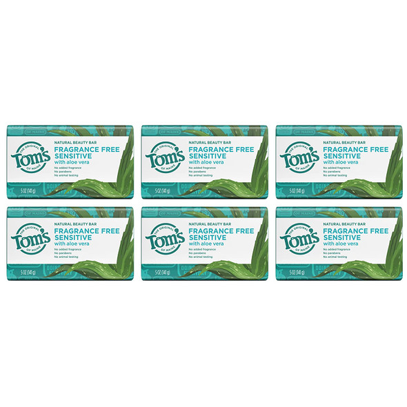 Tom's of Maine Natural Beauty Bar Soap for Sensitive Skin With Aloe Vera, Fragrance-Free, 5 oz. 6-Pack