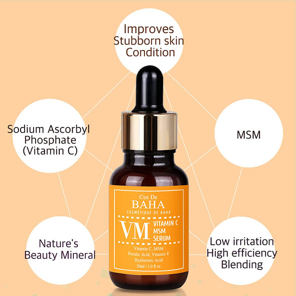 Vitamin C Facial Serum with MSM - for Fades Age Spots, Smoothing Fine Lines + Dark Spots, Pore Refining, Resurfacing, 1 Fl Oz (30ml)