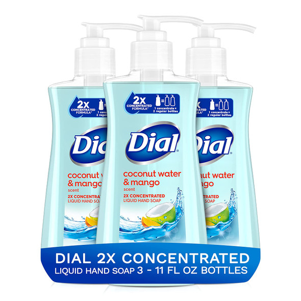 Dial 2X Concentrated Liquid Hand Soap, Coconut Water & Mango, 11 Fluid Ounces, Pack of 3