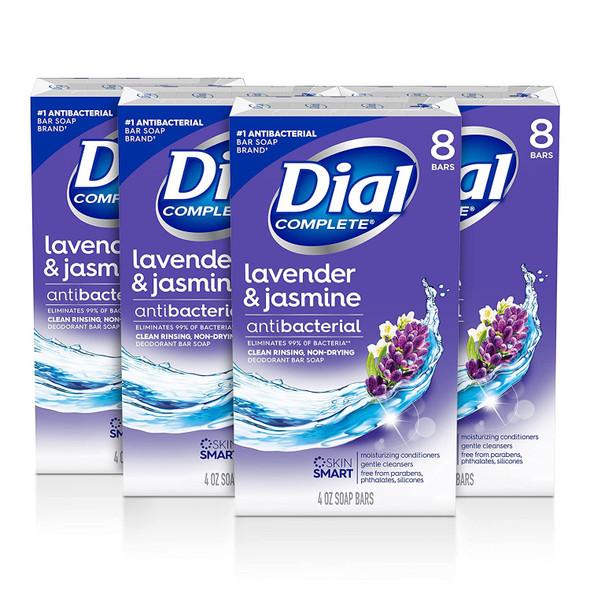 Dial Complete Antibacterial Deodorant Bar Soap, Lavender & Twilight Jasmine Scent, 4 oz, 8 Bars (Pack of 4)