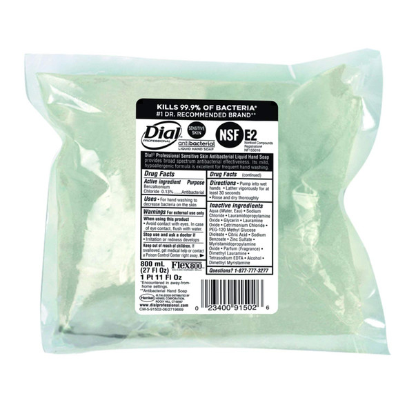 Dial Professional Sensitive Skin Antibacterial Liquid Hand Soap, 800mL Flex Bag Dispenser Refill Pouch (Pack of 12)
