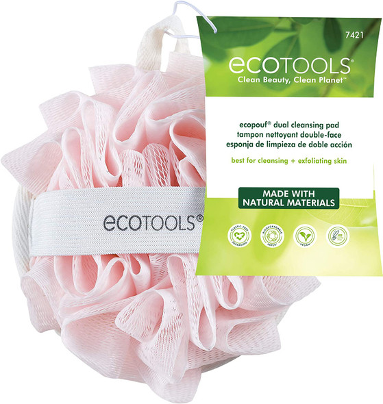 EcoTools EcoPouf Dual Cleansing Pad, Multipurpose Gentle Cleansing Body Scrubber, 2-In-1 Bath Sponge, Exfoliating for Shower & Bath, Recycled Netting, Vegan & Cruelty-Free, Pink, 4 Count