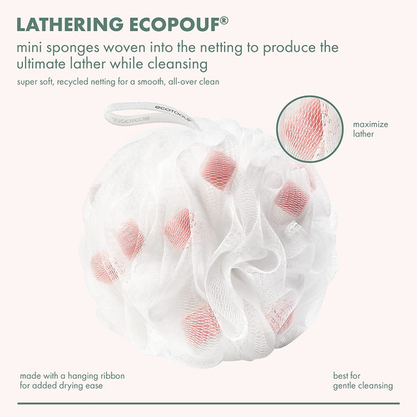 EcoTools Lathering EcoPouf, Soft, Recycled Netting, Infused Loofah for The Ultimate Lather, Bath Accessory for Men & Women, Gently Exfoliates, Bath & Shower Sponge, 6 Count