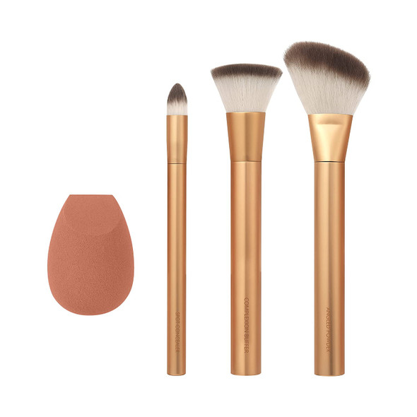 EcoTools Precious Metals Face Blend & Sculpt Set, Makeup Brush Kit, Foundation Brush, Ecofriendly Makeup Brush Kit, Recycled Aluminum, Chrome, Precision, 4 Piece Set