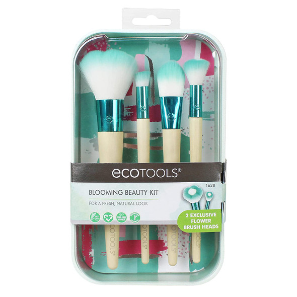 EcoTools Blooming Makeup Brushes with Storage Case and 3 Beauty Inspiration Cards, For a Fresh & Natural Look, Set of 4