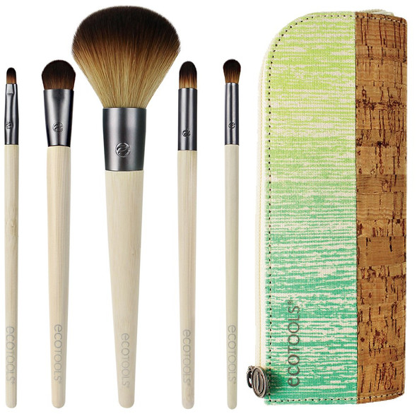 EcoTools 6 Piece Day To Night Clutch Set, Includes: Pointed Concealer, Round Powder, Detailed Lip, Stay-There Eyeshadow & Smudge Brushes, Plus Cosmetic Bag, Cruelty Free