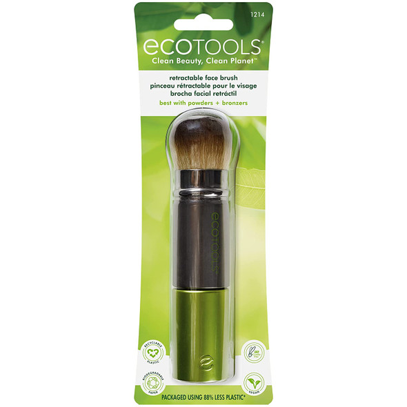 EcoTools Travel Kabuki Makeup Brush for Foundation, Blush, Bronzer, and Powder, Retractable, Green, Aluminum, Travel Friendly and Perfect for On The Go, 1 Count