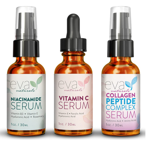 Natural Firm & Glow Skincare Set of 3 Serums  Skin Care Products With 20% Vitamin C Serum, Peptide Complex Serum, Niacinamide Vitamin B3 Serum - Peptides Serum for Face - Face Serum by Eva Naturals