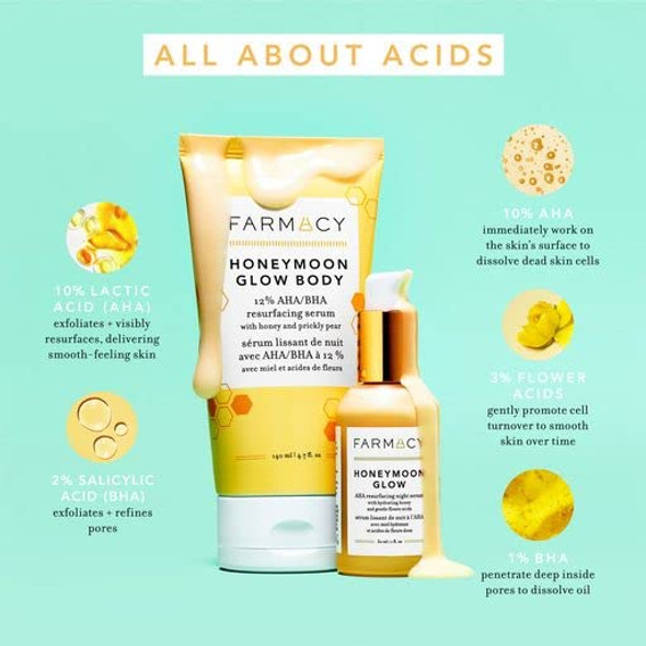 Farmacy Honeymoon Glow Body - AHA and BHA Body Serum with Hyaluronic Acid - Resurfacing Lactic Acid Body Lotion for Dry Skin