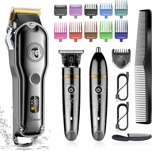 Hatteker Hair Clipper Cordless Hair Trimmer Barber Clipper T-Blade Trimmer Beard Trimmer Nose Trimmer Hair Cutting Grooming Kit Professional IPX7 Waterproof