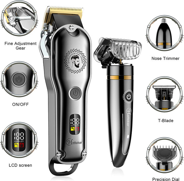 Hatteker Hair Clipper Cordless Hair Trimmer Barber Clipper T-Blade Trimmer Beard Trimmer Nose Trimmer Hair Cutting Grooming Kit Professional IPX7 Waterproof