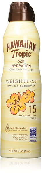 Hawaiian Tropic Silk Hydration Weightless Clear Spray Sunscreen, Broad-Spectrum Protection, SPF 15, 6 Ounces