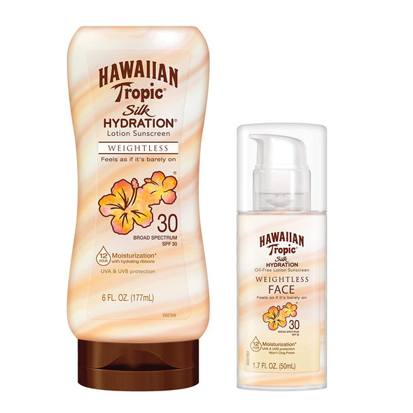 Hawaiian Tropic, SPF 30 Broad Spectrum Sunscreen, Silk Hydration Weightless Sunscreen Pack with 6oz Sunscreen Lotion and 1.7oz Sunscreen Face Lotion