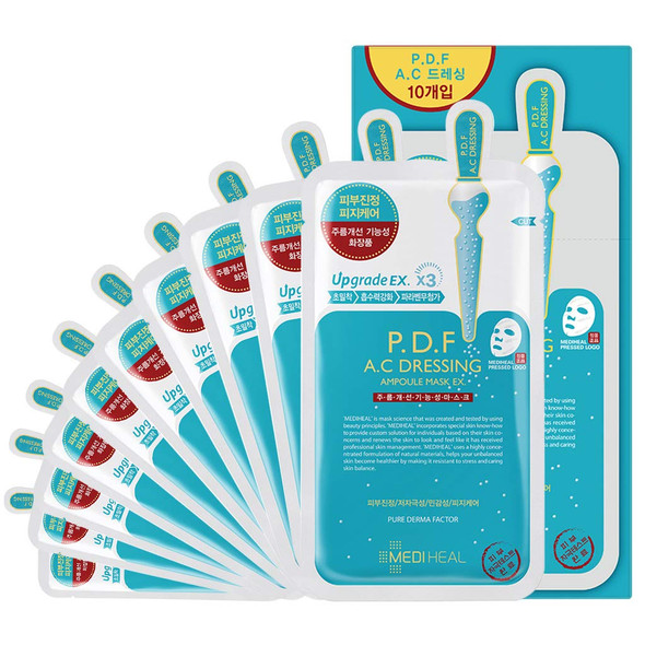 Mediheal P.D.F AC-Dressing Ampoule Mask EX. 10Pack - Acne-Prone Skin and Redness Relief, Calming Blemishes, Sebum Control for Oily Skin