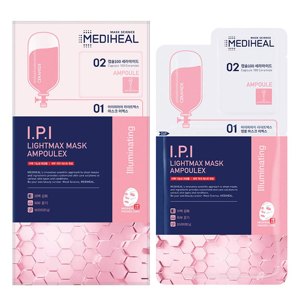 Mediheal I.P.I Lightmax Mask Ampoulex, Pack of 10 - 2 Step Sheet Mask with Ceramide, Ampoule Face Mask Sheet for Skin Radiance, Pore Cleansing, and Hydration