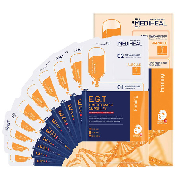 Mediheal E.G.T Timetox Mask Ampoulex, Pack of 10 - 2 Step Sheet Mask with Ceramide, Ampoule Face Mask Sheet for Anti-Wrinkle, Firming and Skin Lifting for Saggy Skin