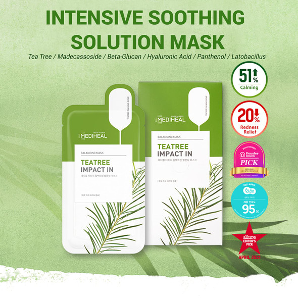 Mediheal Teatree Impact In Balancing Intense Soothing & Hydrating Facial Mask, Pack of 10 - With Tea Tree, Madecassoside and Lactobacillus, Skin Troubles Solution Care for Sensitive Blemish Skin