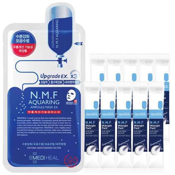 Mediheal N.M.F Aquaring Mask 10 Sheet + Midnight Sleeping Mask 0.14oz. x 10ea - Deep Moisturizing Night Skin Care Combo for Dry and Rough Skin