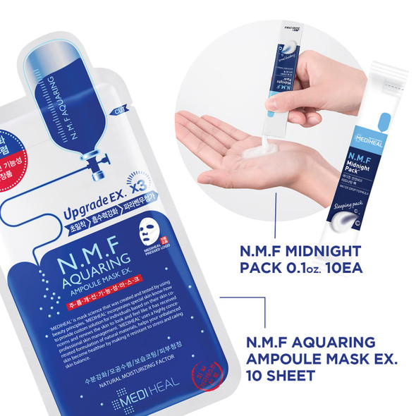 Mediheal N.M.F Aquaring Mask 10 Sheet + Midnight Sleeping Mask 0.14oz. x 10ea - Deep Moisturizing Night Skin Care Combo for Dry and Rough Skin