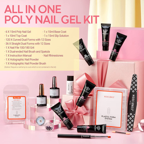 modelones Poly Nail Gel Kit- 6 Colors Enhancement Builder Gels Nail Extension Gel Kit with Slip Solution Trial Professional Technician All-in-One French Kit