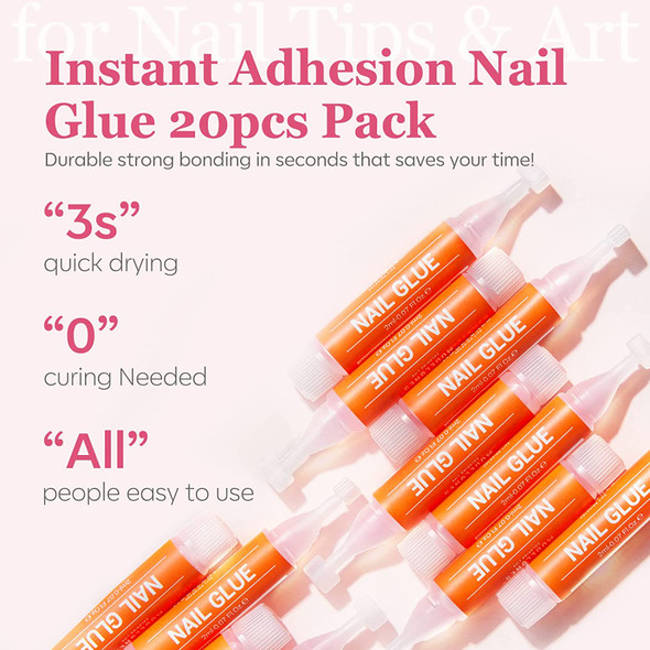 Modelones Nail Glue for Acrylic Nails Press On Nails Glue Long Lasting Nail Tips Glue Pack 20 Pcs NO Cure Nails Glue Super Bond Strong Adhesive Nail Glue for Fake Nails