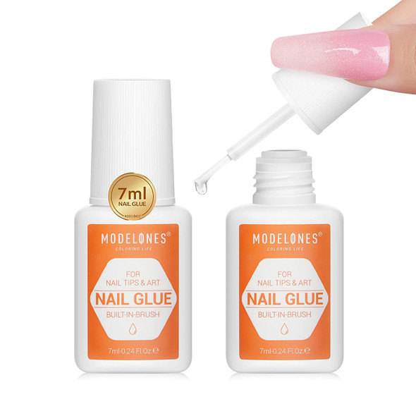 Modelones Nail Glue for Acylic Nails Brush On Nail Glue for Press On Nails 7ml Long Lasting Gel Nail Glue for Nail Tips NO Cure Super Bond Adhesive Nail Glue for Fake Nails 2pcs