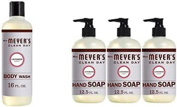 Mrs. Meyers Clean Day Body Wash, Lavender Scent, 16 Ounce Bottle and Mrs. Meyers Clean Day Liquid Hand Soap Bottle, Lavender Scent, 12.5 Fl Oz, Pack of 3