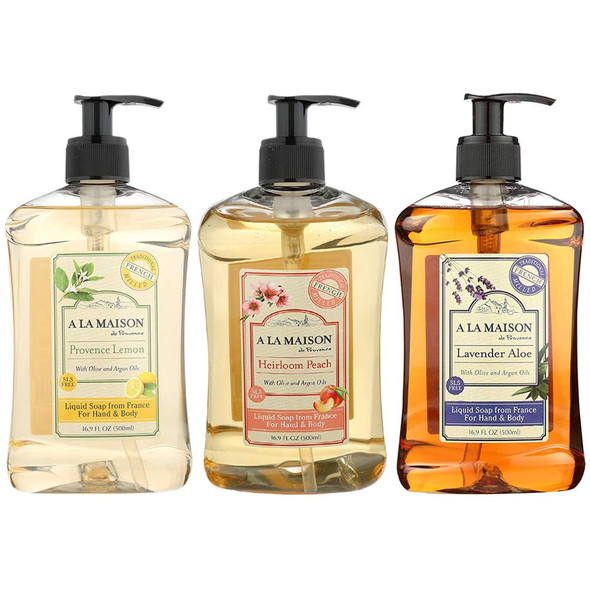 A LA MAISON Liquid Soap Provence Lemon, Heirloom Peach & Lavender Aloe Scent | Moisturizing and Hydrating | Triple French Milled | Body Soap for Women and Men (16.9 Fl Oz Each)