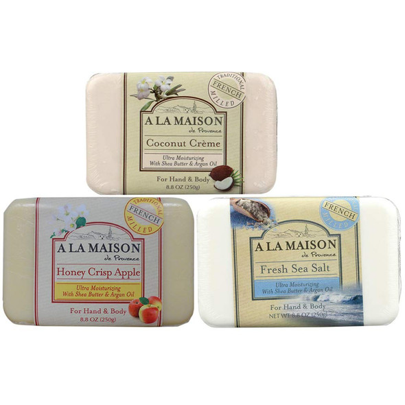 A LA MAISON de Provence Bar Soap | Coconut Creme, Honey Crisp Apple & Fresh Sea Salt Scent | French Milled Moisturizing Natural Hand and Body Soap | 8.8 Oz each (3 Pack)