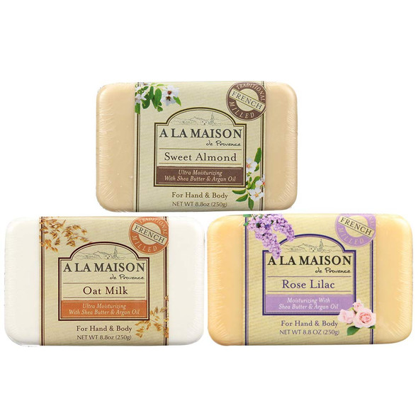 A LA MAISON de Provence Bar Soap | Sweet Almond, Oat Milk & Rose Lilac | French Milled Moisturizing Natural Hand and Body Soap | 8.8 Oz each (3 Pack)