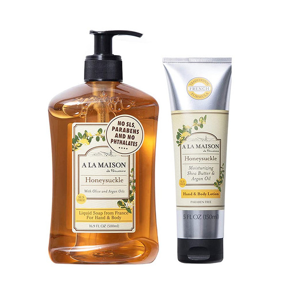 A LA MAISON Honeysuckle Moisturizing Natural Hand Soap 16.9 Oz and Lotion 5 Oz Kind and Gentle To Hands