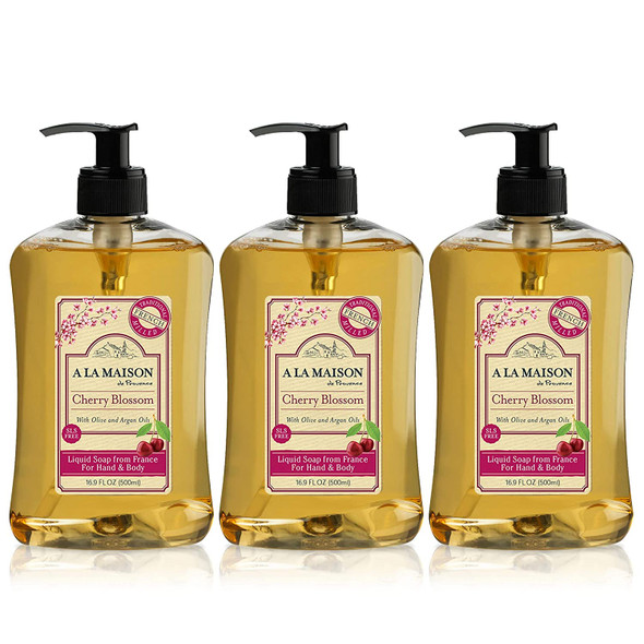 A LA MAISON Cherry Blossom Liquid Hand Soap | 16.9 Fl oz. Pump Bottles Moisturizing Natural Hand Wash Soap | Triple French Milled | Gentle To Hands | (3 Pack)