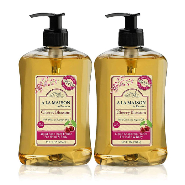 A LA MAISON Cherry Blossom Liquid Hand Soap | 16.9 Fl oz. Pump Bottles Moisturizing Natural Hand Wash Soap | Triple French Milled | Gentle To Hands | (2 Pack)