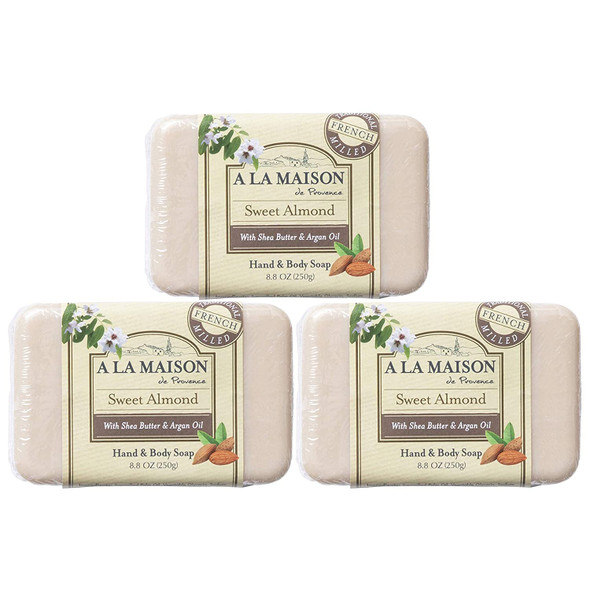 A LA MAISON Sweet Almond Bar Soap 8.8 oz. | 3 Pack Triple French Milled All Natural Soap | Moisturizing and Hydrating For Men, Women, Face and Body