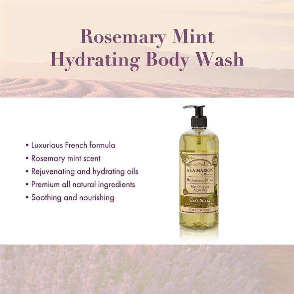 A LA MAISON Rosemary Mint Hydrating Body Wash - Triple French Milled Natural Shower Gel Body Wash for Women and Men (25.36 oz Bottle)