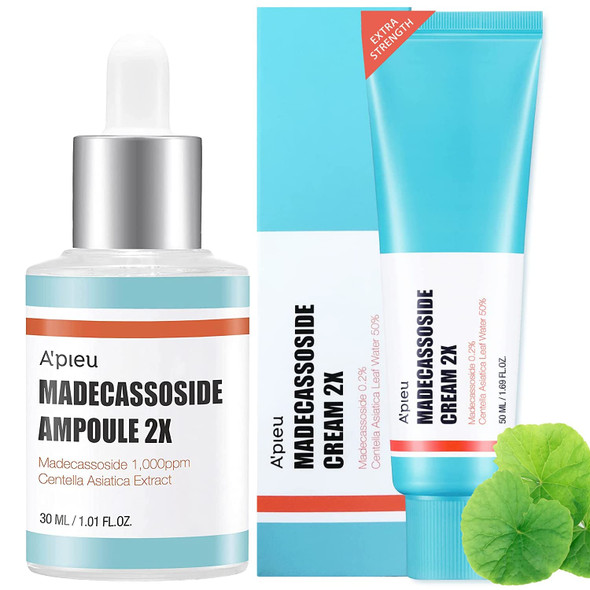 A'PIEU Madecassoside 2X Cream (1.69 fl oz) + Madecassoside 2X Ampoule 1.01oz (30ml) Centella Asiatica, Sensitive skin, Intensive soothing, Deep moisture